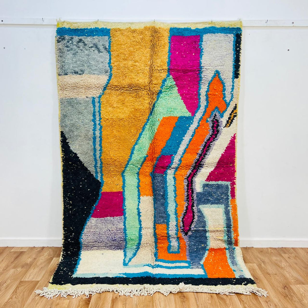 Vintage Moroccan rug handmade from abstract Berber wool with colorful flowing design, 245x155 cm