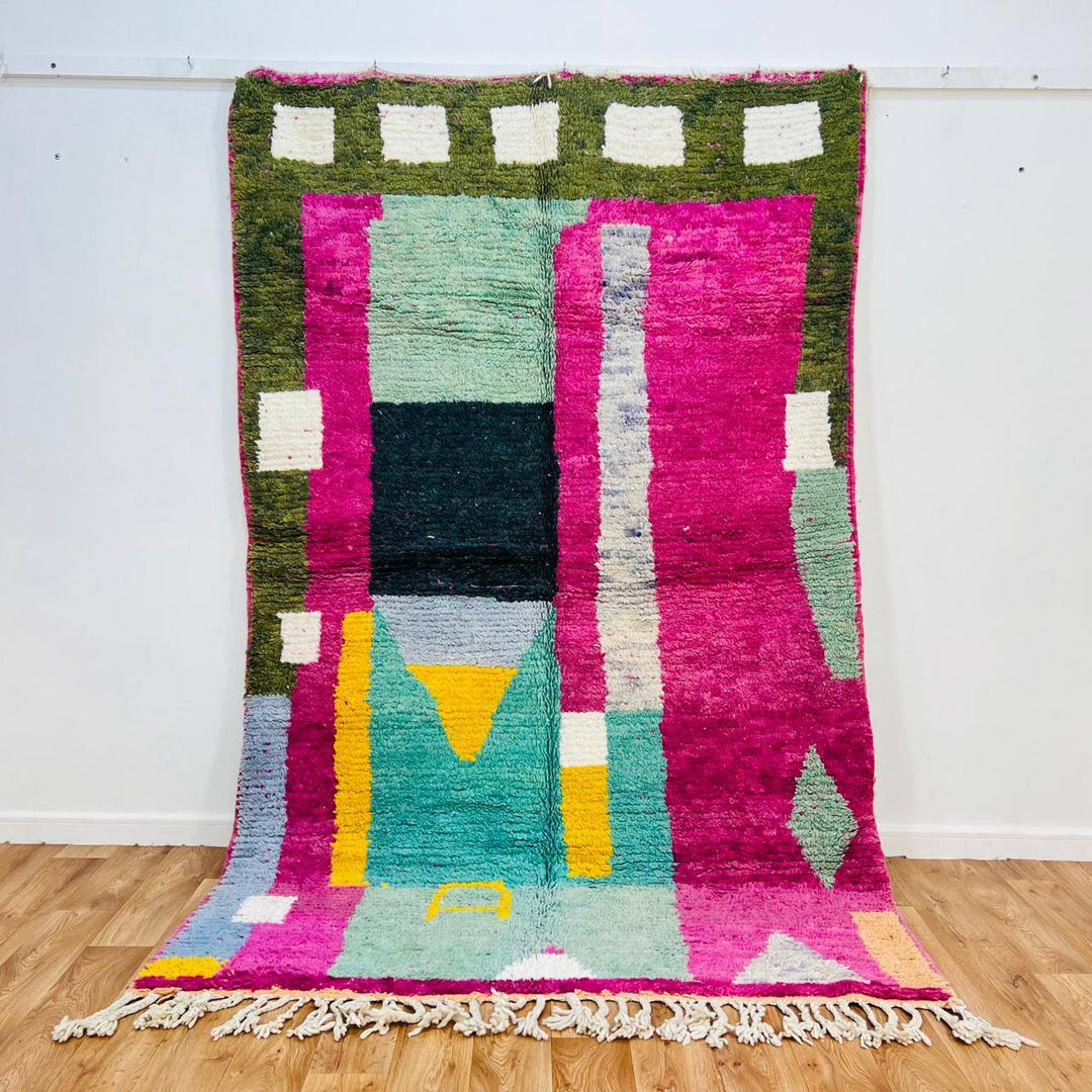 Vintage Moroccan rug handmade from colorful Berber wool with geometric block design, 250x158 cm