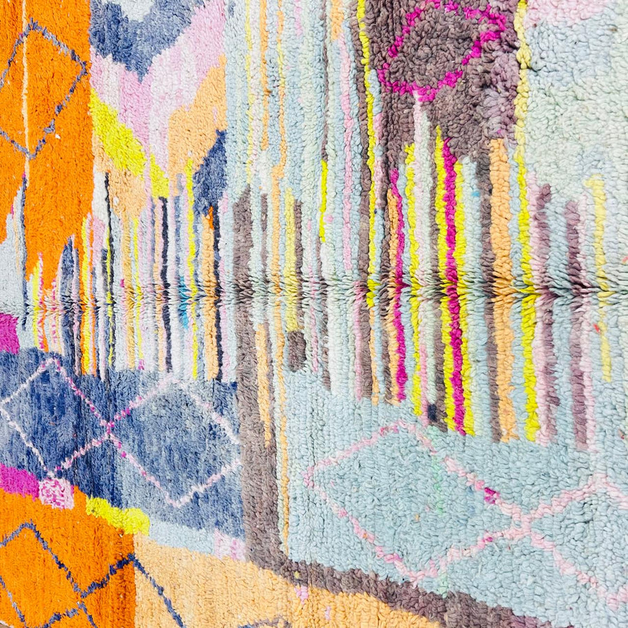 Vintage Moroccan rug handmade from colorful Berber wool with patchwork geometric design, 250x157 cm