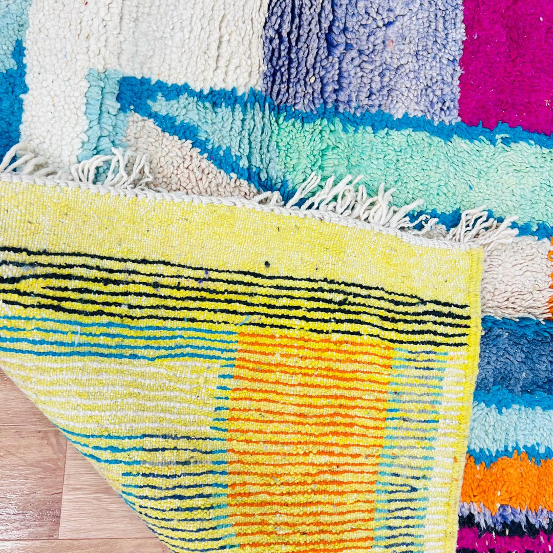 Vintage Moroccan rug handmade from abstract Berber wool with colorful flowing design, 245x155 cm