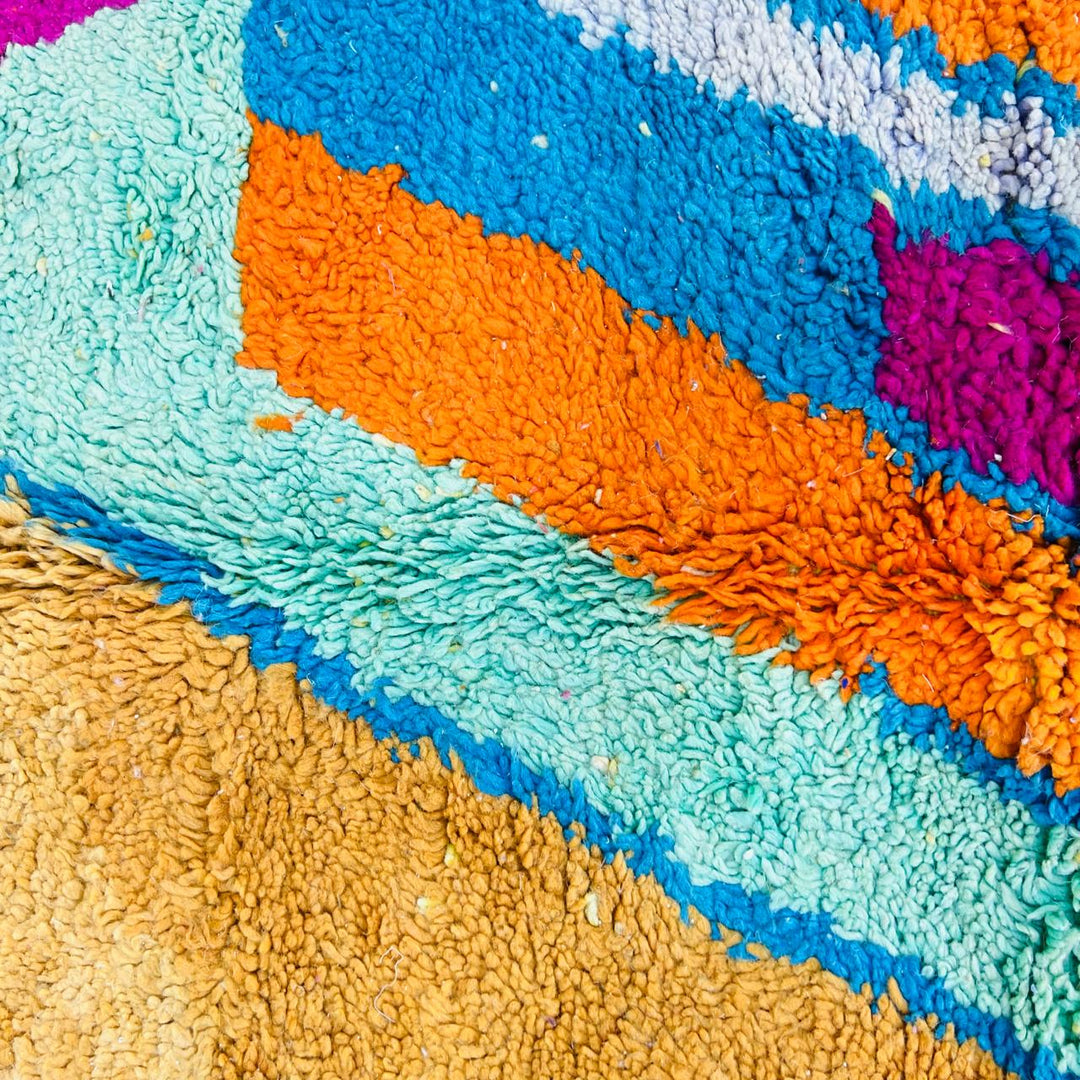 Vintage Moroccan rug handmade from abstract Berber wool with colorful flowing design, 245x155 cm