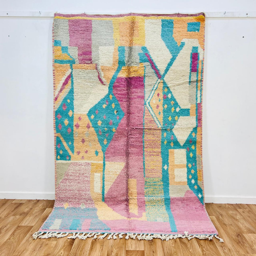 Vintage Moroccan rug handmade from pastel Berber wool with soft geometric design, 247x158 cm