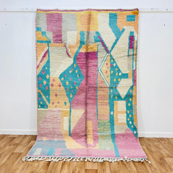 Vintage Moroccan rug handmade from pastel Berber wool with soft geometric design, 247x158 cm