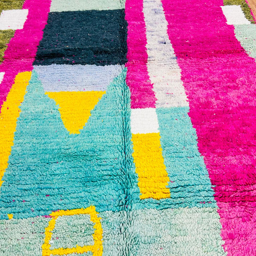 Vintage Moroccan rug handmade from colorful Berber wool with geometric block design, 250x158 cm