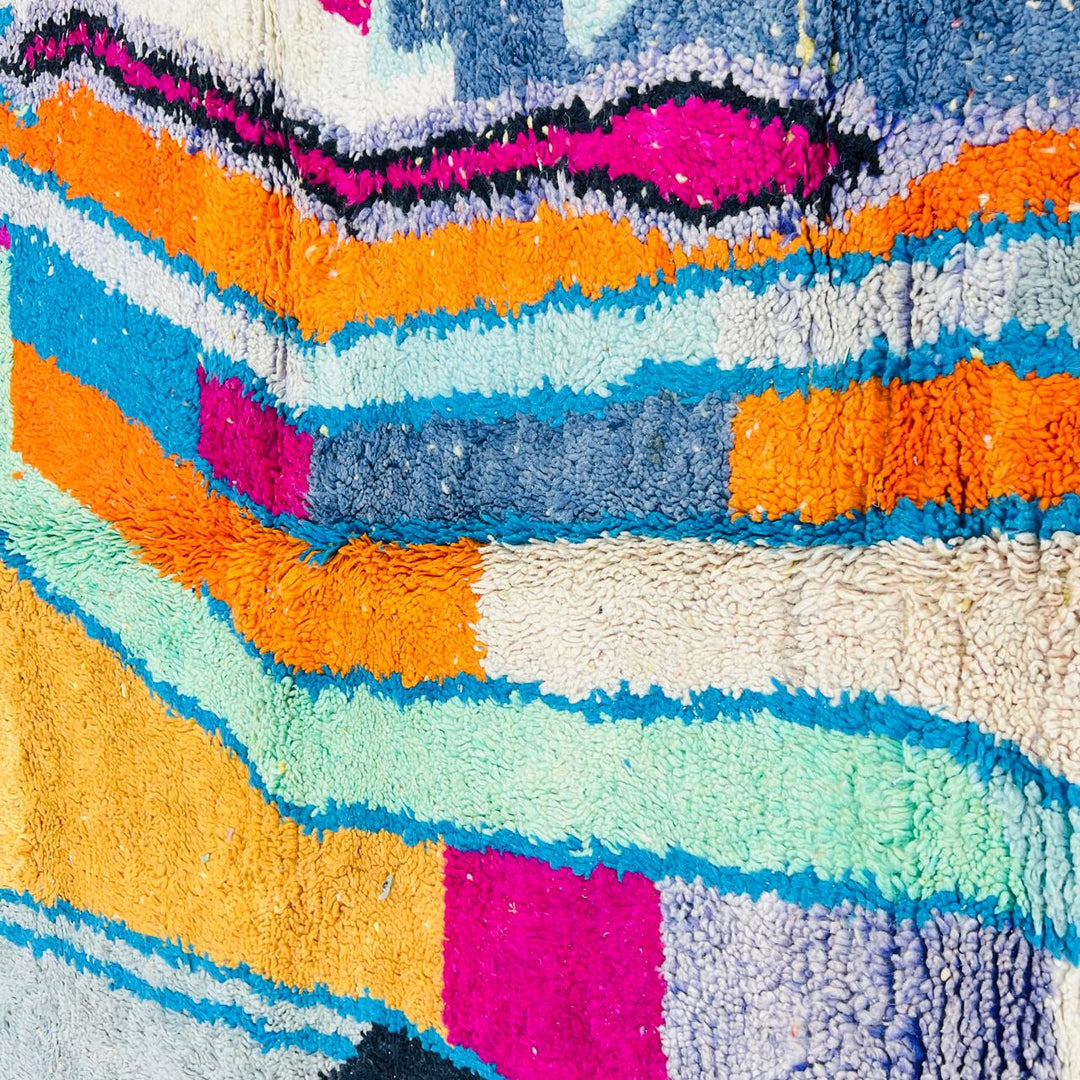 Vintage Moroccan rug handmade from abstract Berber wool with colorful flowing design, 245x155 cm