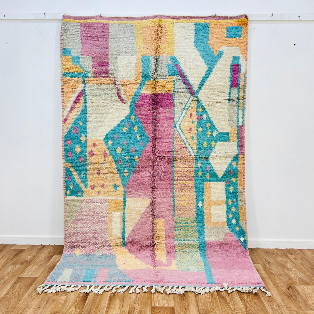 Vintage Moroccan rug handmade from pastel Berber wool with soft geometric design, 247x158 cm