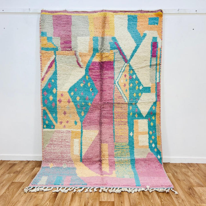 Vintage Moroccan rug handmade from pastel Berber wool with soft geometric design, 247x158 cm