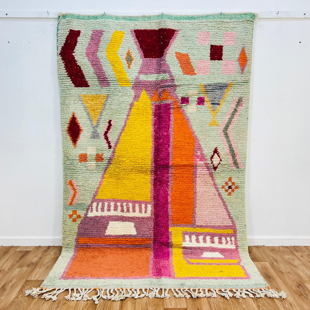 Vintage Moroccan rug handmade from geometric Berber wool design in soft earthy colors, 254x160 cm