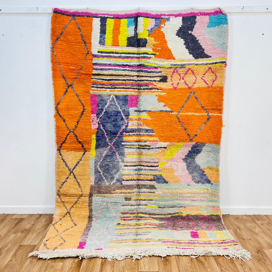 Vintage Moroccan rug handmade from colorful Berber wool with patchwork geometric design, 250x157 cm