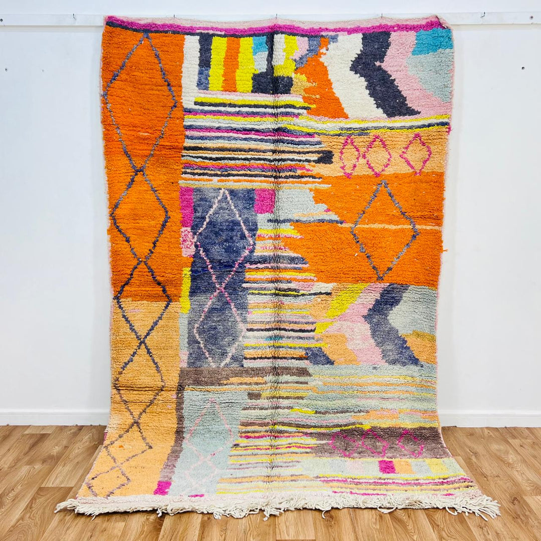 Vintage Moroccan rug handmade from colorful Berber wool with patchwork geometric design, 250x157 cm