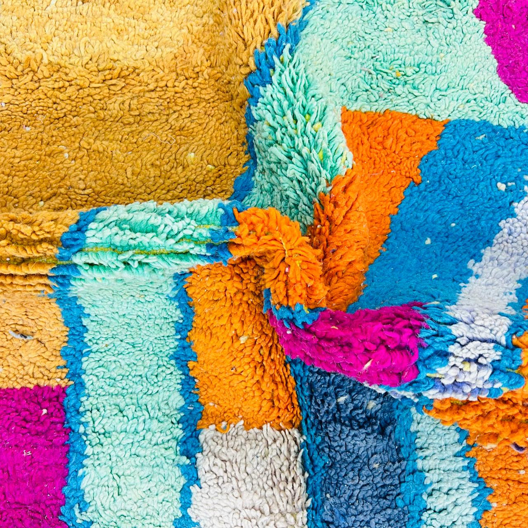 Vintage Moroccan rug handmade from abstract Berber wool with colorful flowing design, 245x155 cm