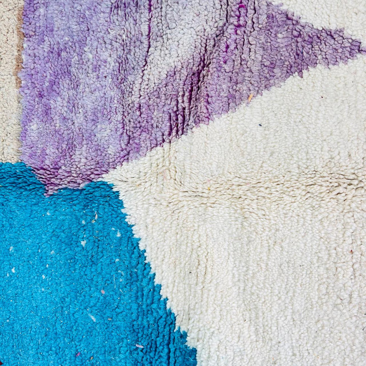 Vintage Moroccan Berber wool rug with abstract color block design in red, orange, blue and cream, handmade in Morocco, 263x172 cm