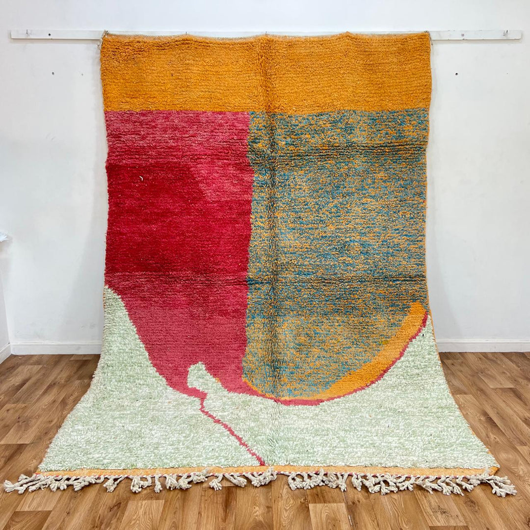 Vintage Moroccan wool rug with terracotta red and teal color-block design, handwoven Berber carpet from Morocco, size 287x204 cm