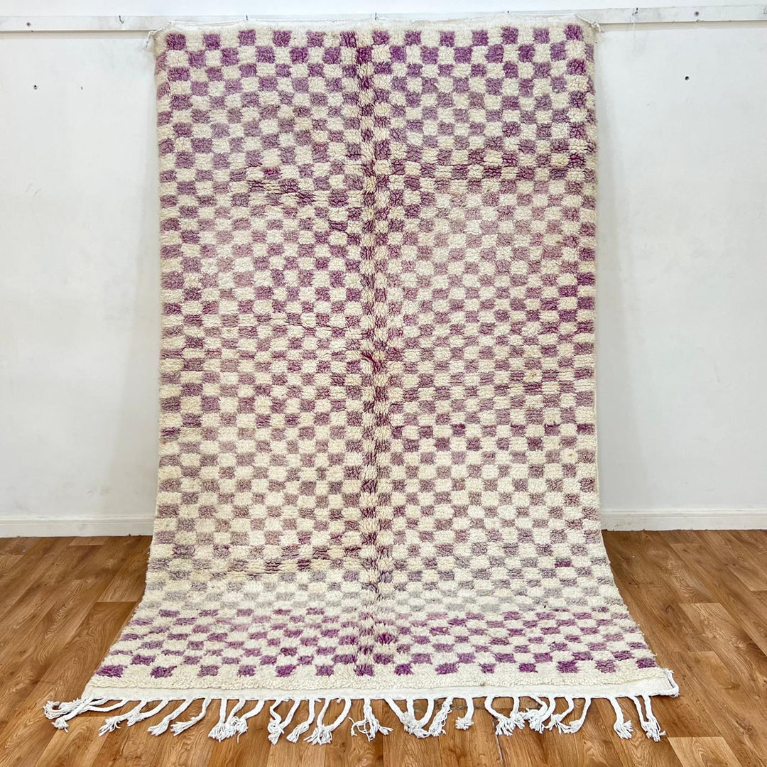Vintage Moroccan wool rug with purple and ivory checkered Berber pattern, handwoven in Morocco