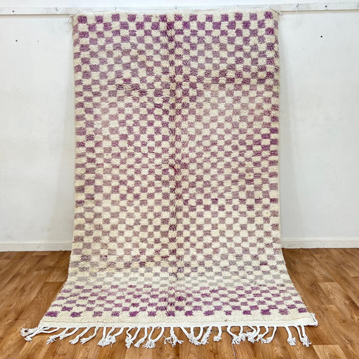 Vintage Moroccan wool rug with purple and ivory checkered Berber pattern, handwoven in Morocco