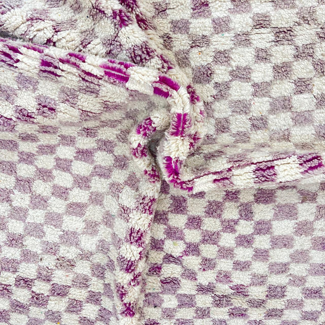 Vintage Moroccan wool rug with purple and ivory checkered Berber pattern, handwoven in Morocco