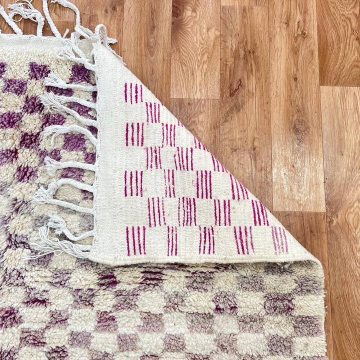 Vintage Moroccan wool rug with purple and ivory checkered Berber pattern, handwoven in Morocco