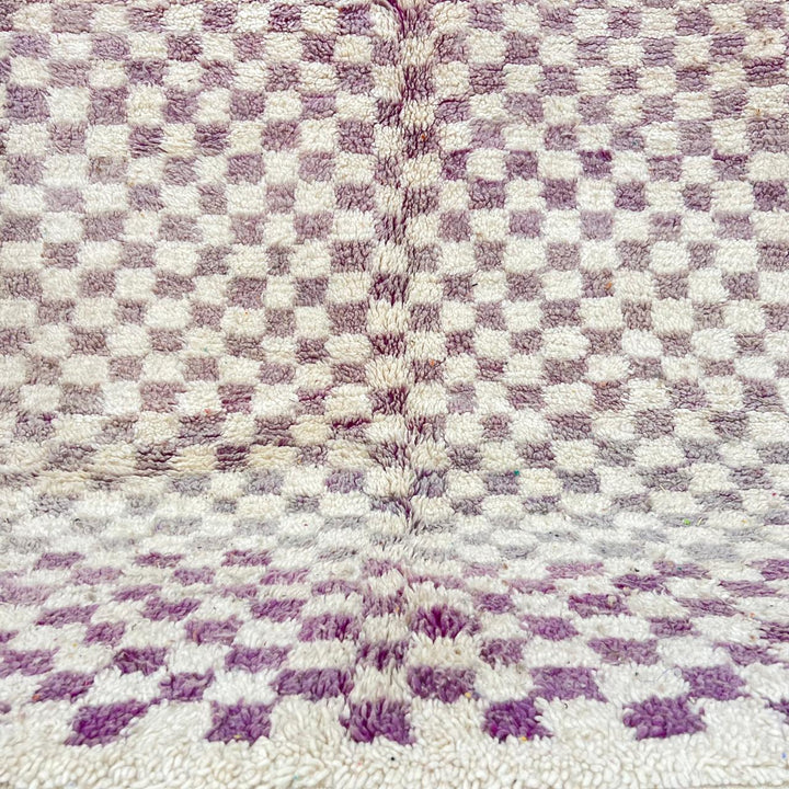 Vintage Moroccan wool rug with purple and ivory checkered Berber pattern, handwoven in Morocco