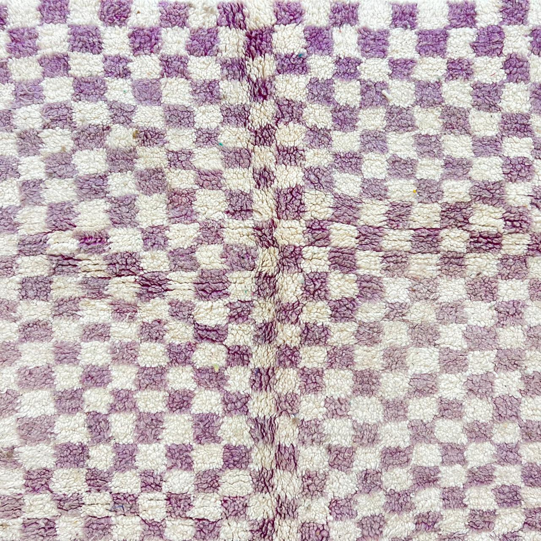 Vintage Moroccan wool rug with purple and ivory checkered Berber pattern, handwoven in Morocco
