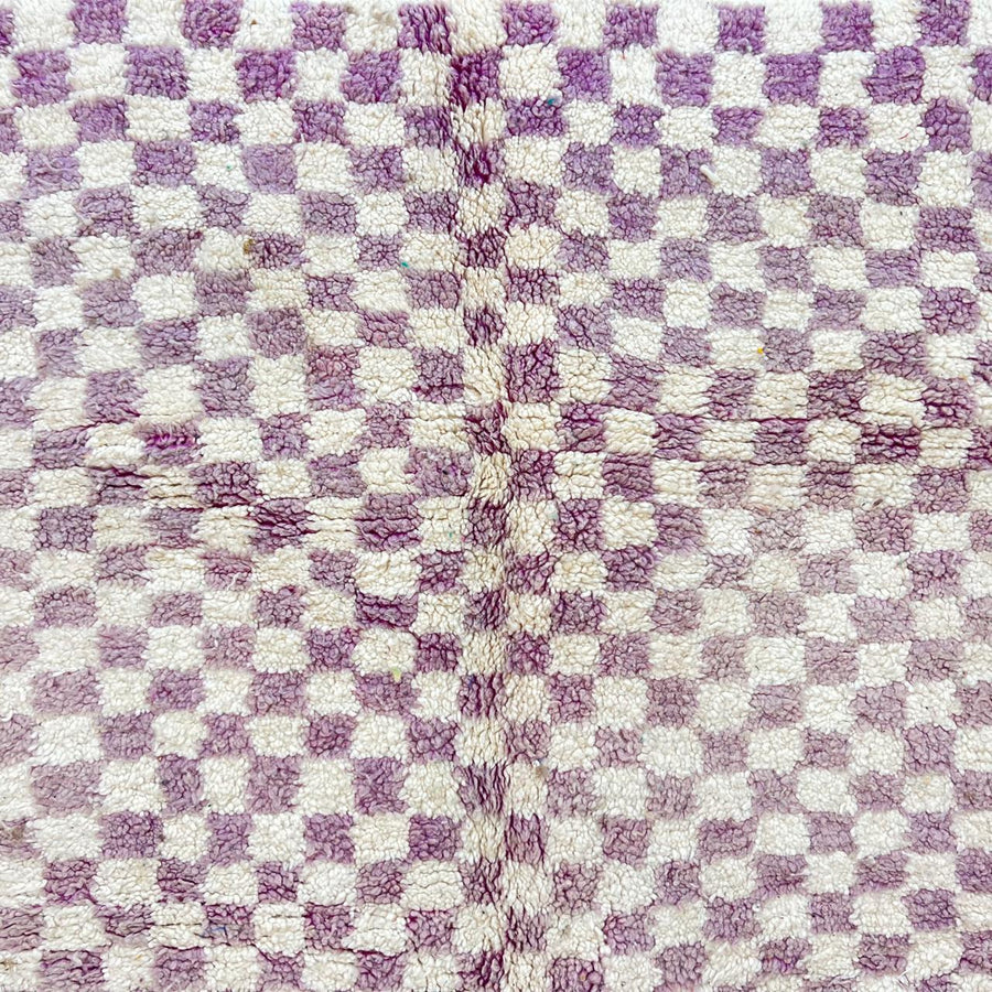 Vintage Moroccan wool rug with purple and ivory checkered Berber pattern, handwoven in Morocco