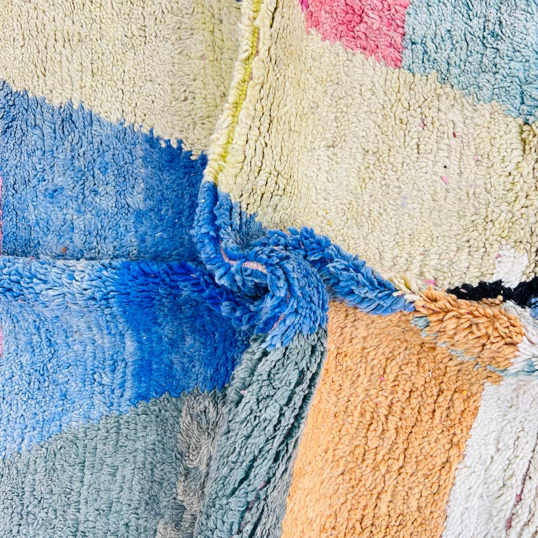 Vintage Moroccan Berber wool rug with pastel geometric color-block design in pink, blue, green and yellow, handmade in Morocco, 225x160 cm