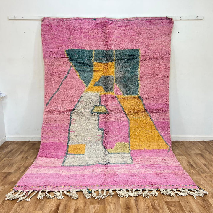 vintage pink moroccan abstract wool rug with geometric design