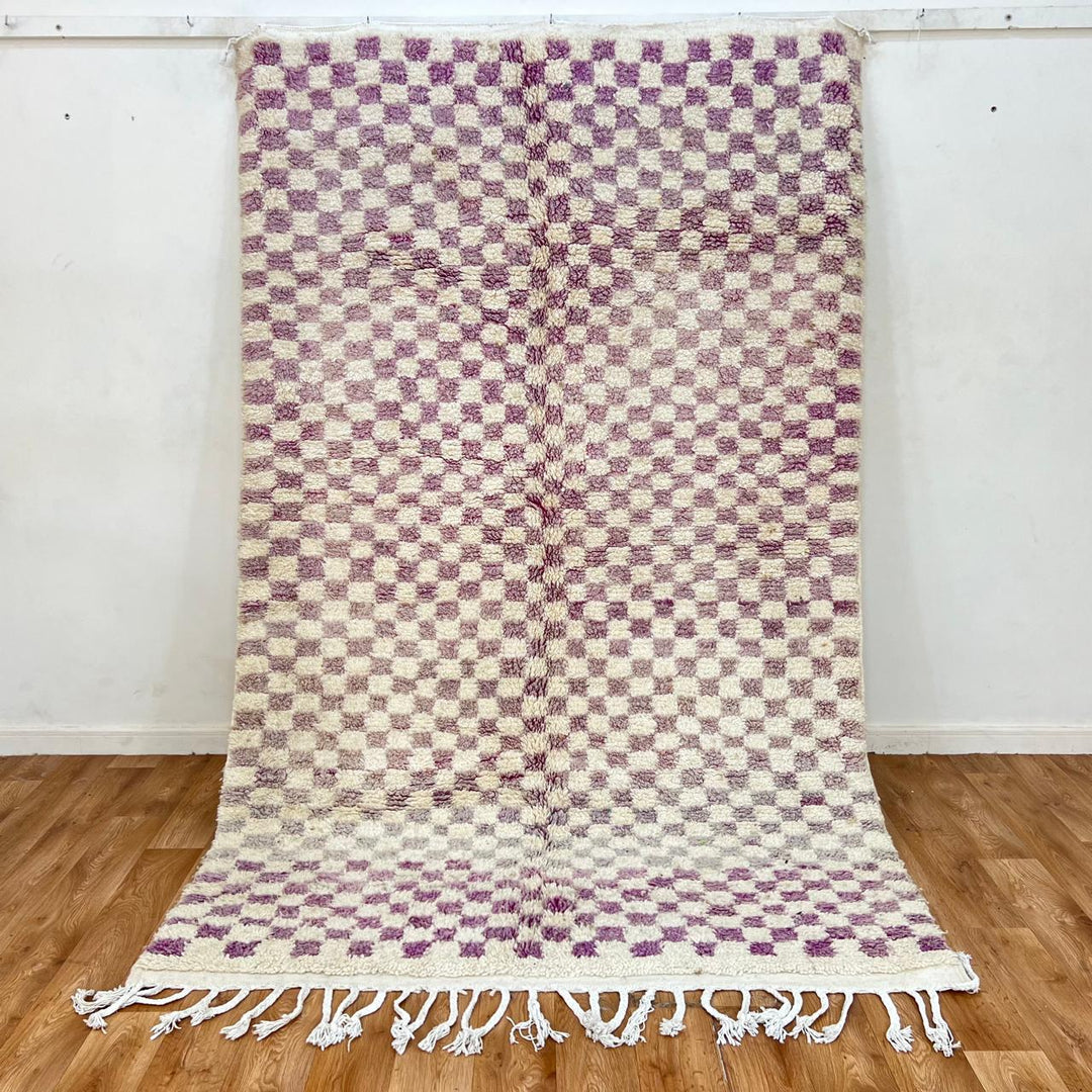 Vintage Moroccan wool rug with purple and ivory checkered Berber pattern, handwoven in Morocco