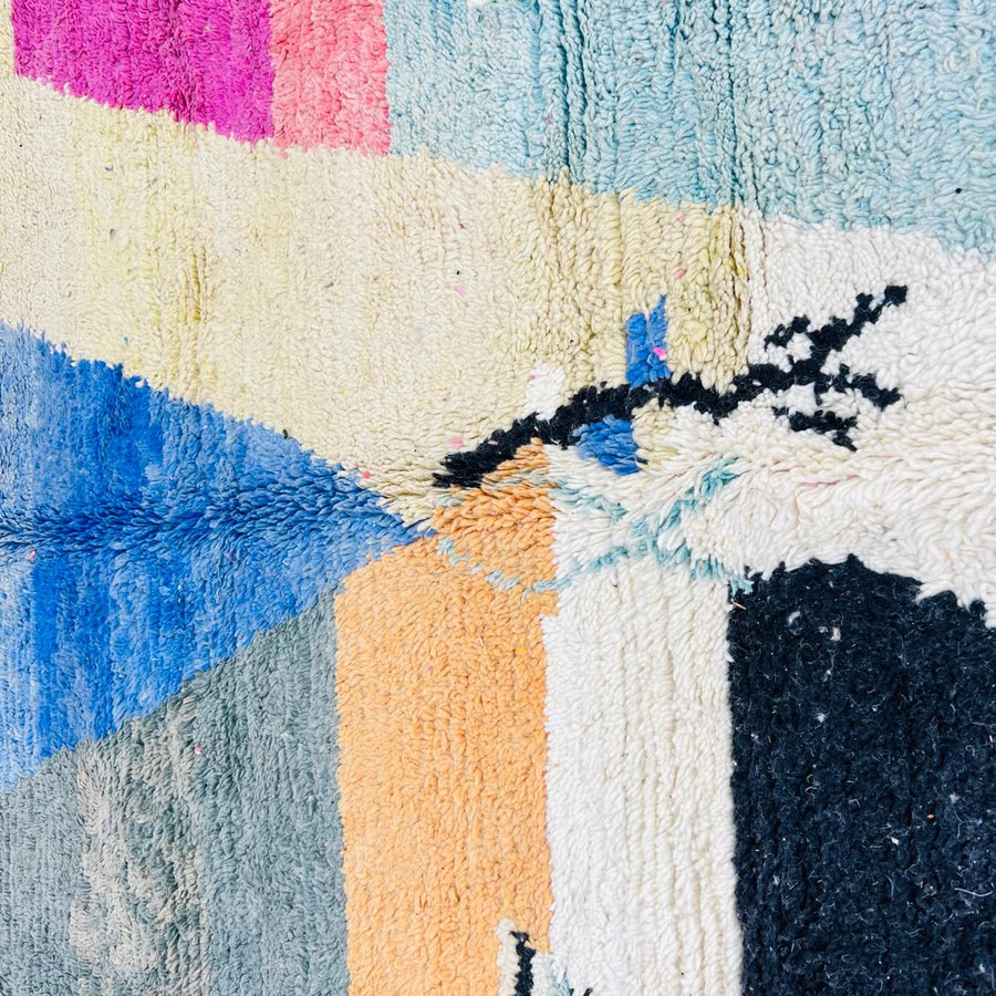 Vintage Moroccan Berber wool rug with pastel geometric color-block design in pink, blue, green and yellow, handmade in Morocco, 225x160 cm