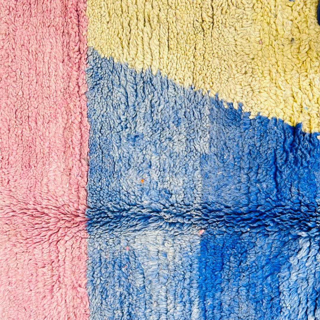 Vintage Moroccan Berber wool rug with pastel geometric color-block design in pink, blue, green and yellow, handmade in Morocco, 225x160 cm