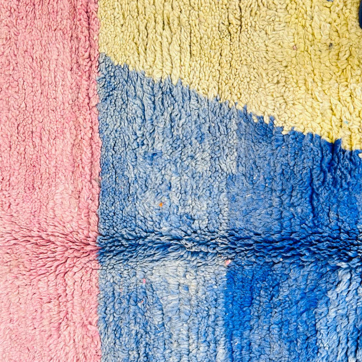Vintage Moroccan Berber wool rug with pastel geometric color-block design in pink, blue, green and yellow, handmade in Morocco, 225x160 cm