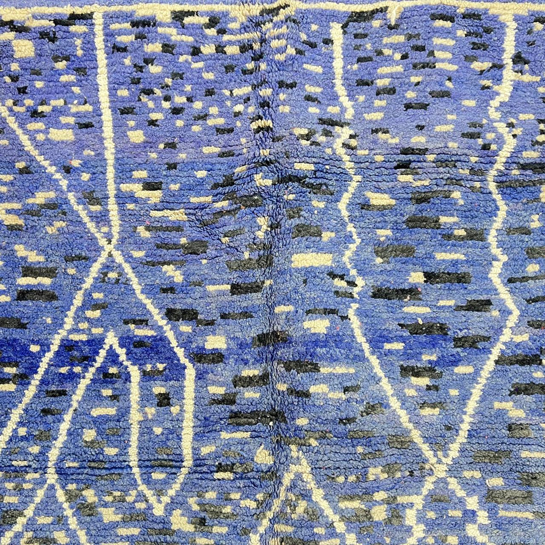 Vintage blue Moroccan wool rug with ivory Berber patterns, handwoven tribal carpet from Morocco, size 212x292 cm