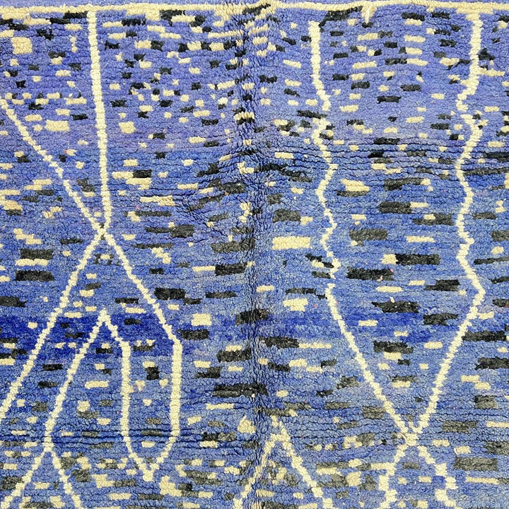 Vintage blue Moroccan wool rug with ivory Berber patterns, handwoven tribal carpet from Morocco, size 212x292 cm