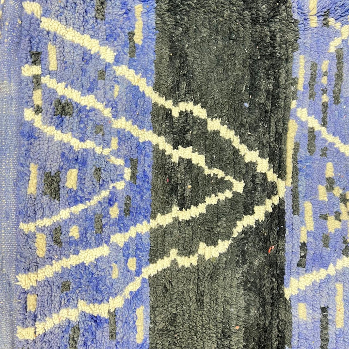 Vintage blue Moroccan wool rug with ivory Berber patterns, handwoven tribal carpet from Morocco, size 212x292 cm
