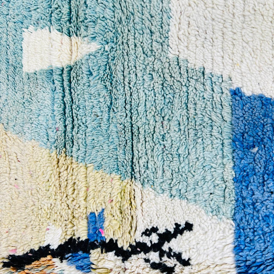 Vintage Moroccan Berber wool rug with pastel geometric color-block design in pink, blue, green and yellow, handmade in Morocco, 225x160 cm