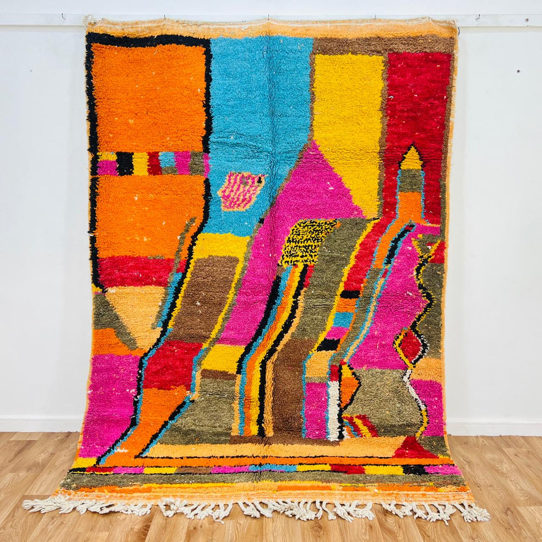 Vintage Moroccan Berber wool rug with abstract colorful patterns in orange, pink, blue and yellow, handmade in Morocco, 238x170 cm