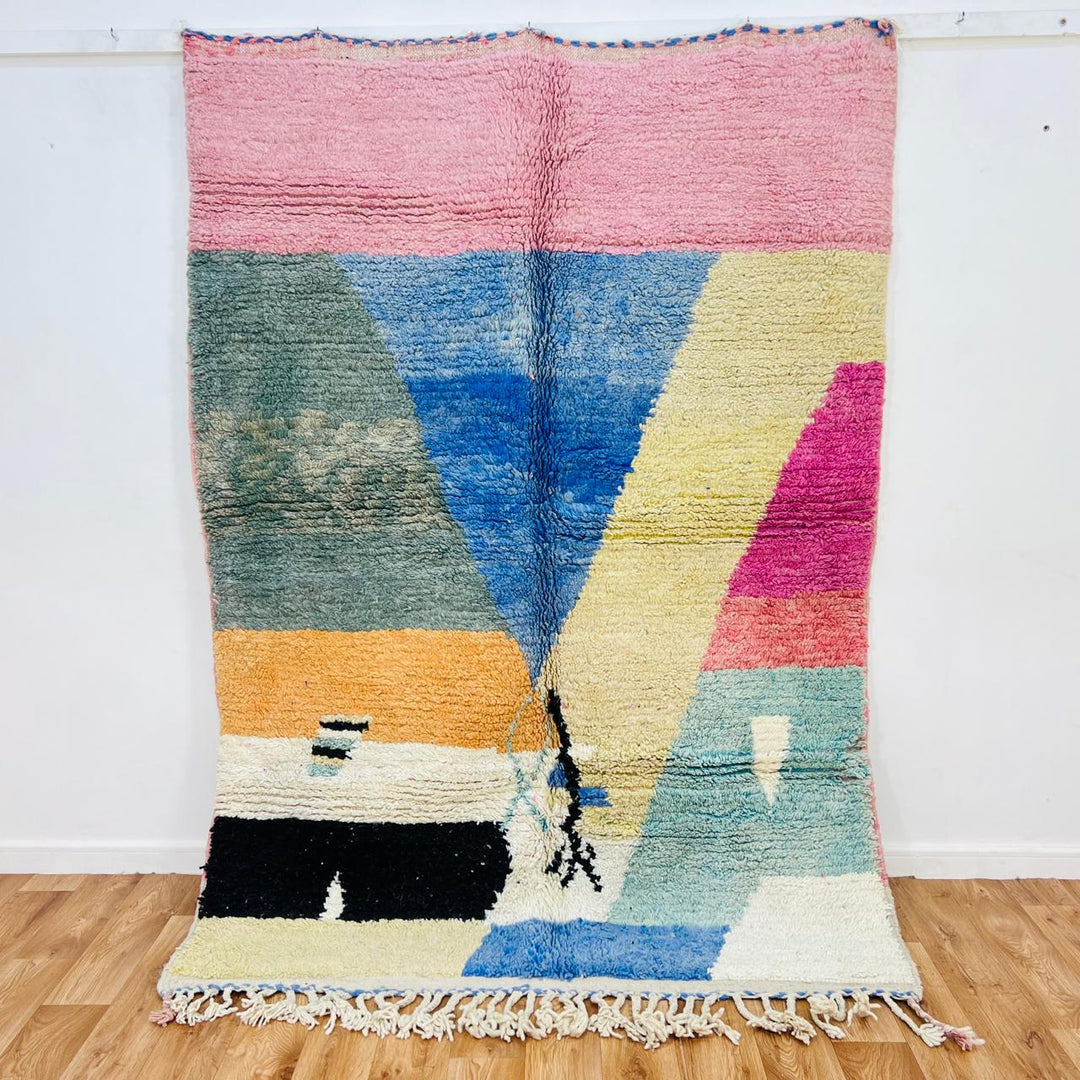 Vintage Moroccan Berber wool rug with pastel geometric color-block design in pink, blue, green and yellow, handmade in Morocco, 225x160 cm