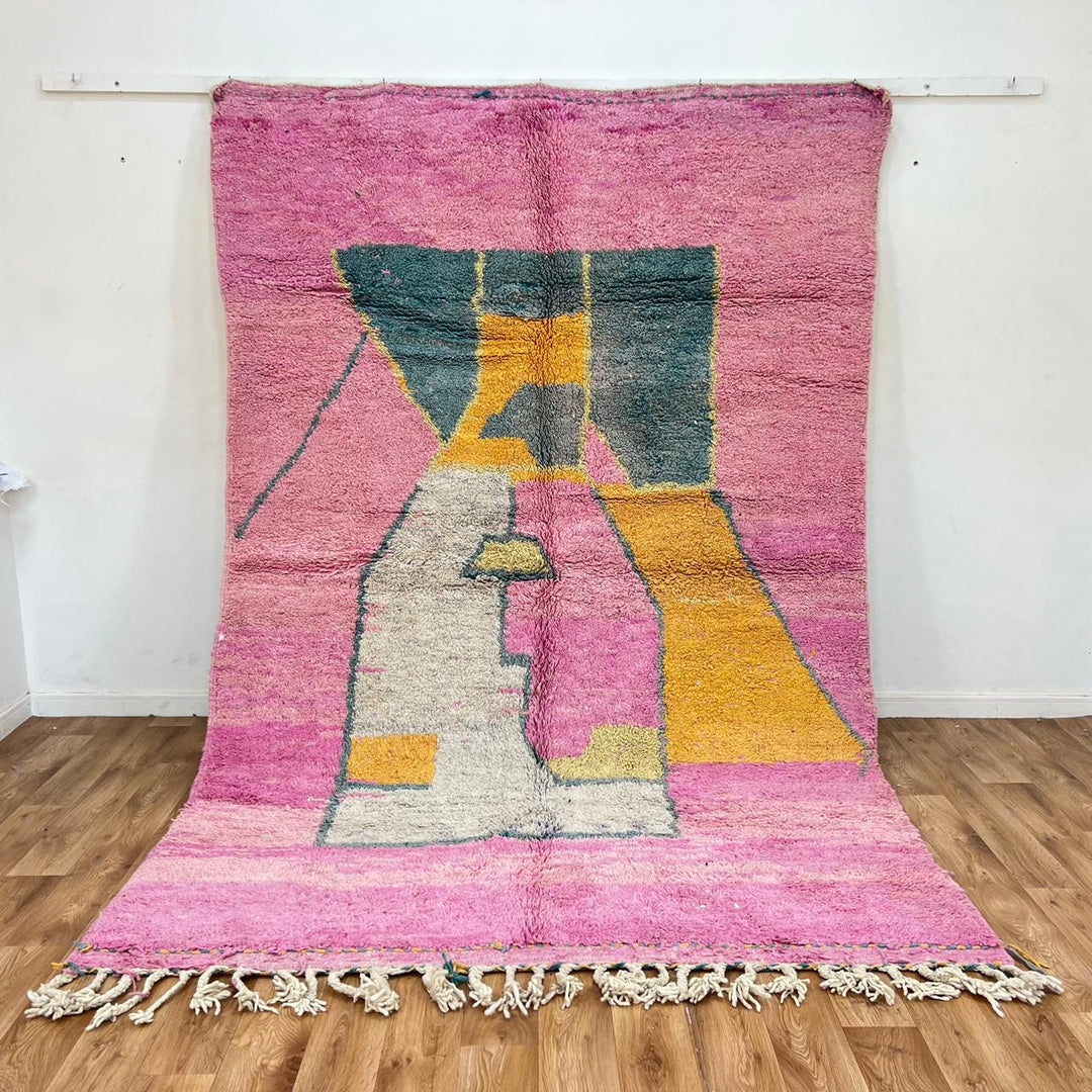 vintage pink moroccan abstract wool rug with geometric design