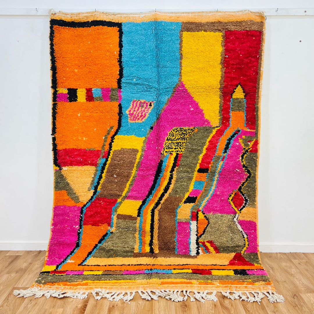 Vintage Moroccan Berber wool rug with abstract colorful patterns in orange, pink, blue and yellow, handmade in Morocco, 238x170 cm